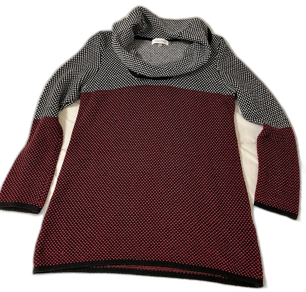 Calvin Klein Sweater Womens Size Small Black White Red Knit Cowl Neck